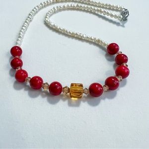 Red Jasper, Amber & Fresh Water Pearl Necklace
